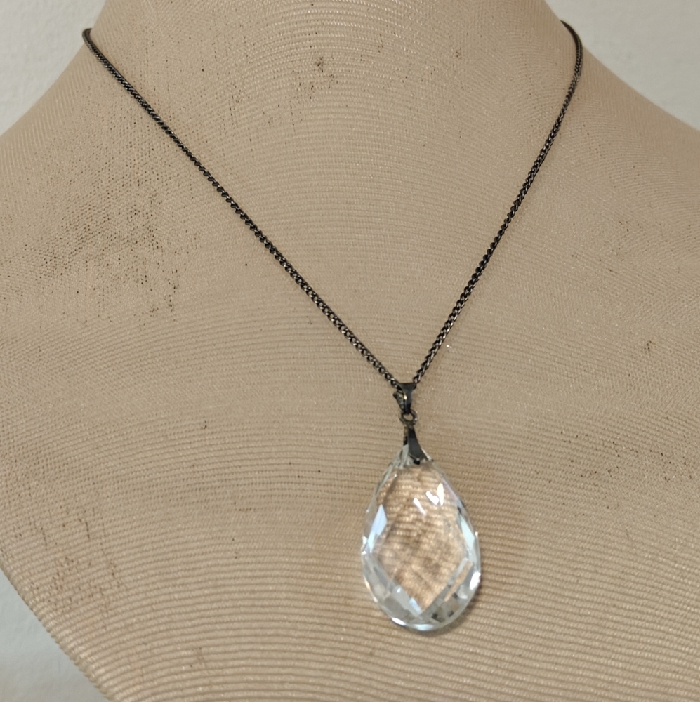 RARE Antique Rock Crystal Teardrop Pendant 925 Sterling Silver Necklace